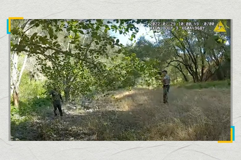 A screenshot from body-camera footage of the fatal deputy-involved shooting of David Pelaez-Chavez in Geyserville on July 29, 2022 shows Pelaez-Chavez (left) as he is confronted by Sonoma County Sheriff’s deputies. Screenshot via YouTube