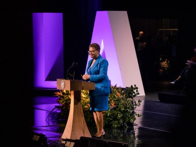 Karen Bass speaks at her inauguration ceremony as Mayor of Los Angeles in Los Angeles on Dec. 11, 2022. Photo by Ted Soqui/SIPA USA via Reuters