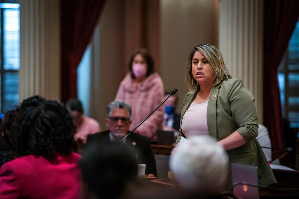 State Sen. Caroline Menjivar, a San Fernando Valley Democrat, addresses legislators during session at the state Capitol in Sacramento on Jan. 23, 2023. Photo by Rahul Lal, CalMatters