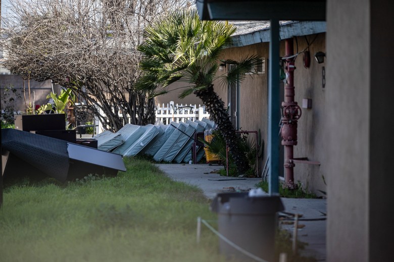 Furniture and mattresses outside one of the buildings of the Walden House Rehabilitation Center in El Monte on Feb. 4, 2023. Photo by Larry Valenzuela, CalMatters/CatchLight Local