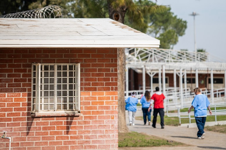 A group of women that are inmates at a prison walk in their blue uniforms down an exterior path. One person is wearing a red shirt. To the left, stands a red brick building with bars on the window and razor wire over the top.