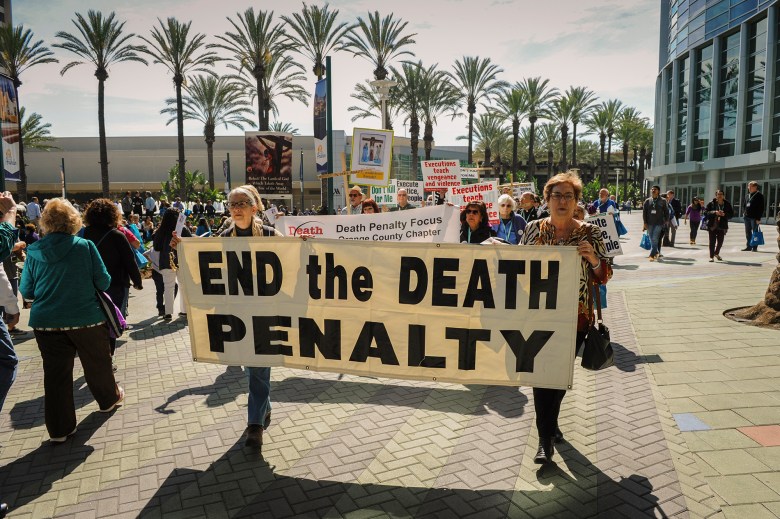 Demonstrators march during a rally protesting against the death penalty, organized by "Catholics Against the Death Penalty-Southern California" in Anaheim on Feb. 25, 2017. REUTERS/Andrew Cullen