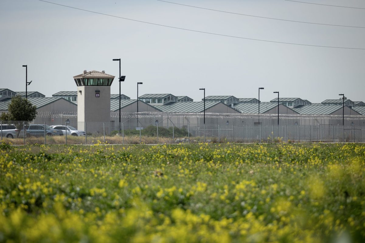 A guard tower at the California Health Care Facility prison in Stockton on March 2, 2022. Miguel Gutierrez Jr., CalMatters