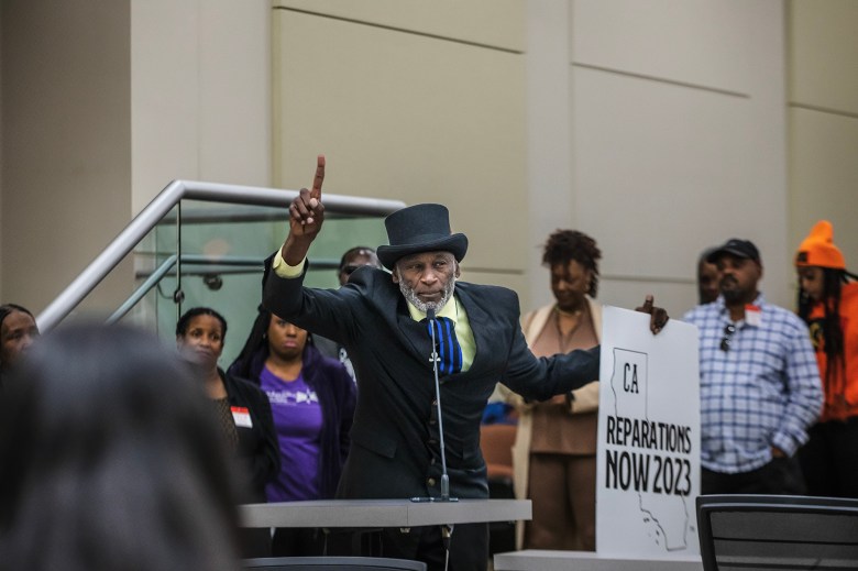 Community activist Morris Griffin speaks during a meeting with the state Reparations Task Force at the California Environmental Protection Agency headquarters in Sacramento on March 3, 2023. Photo by Rahul Lal for CalMatters