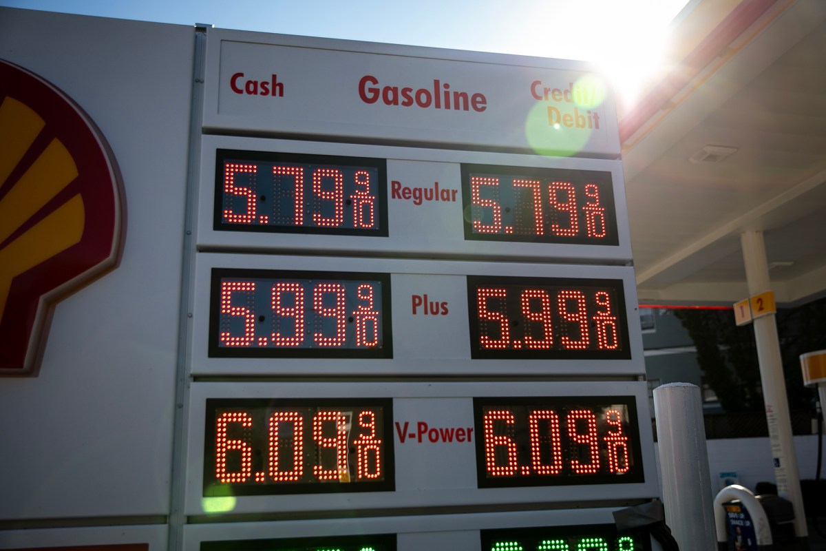 A close up of a digital gasoline sign, with various prices. The words, "CASH," "Gasoline," "Credit/Debit" are visible at the top. "Regular," "Plus," and "V-Power" are visible in the middle. Prices range from $5.79 to $6.09.