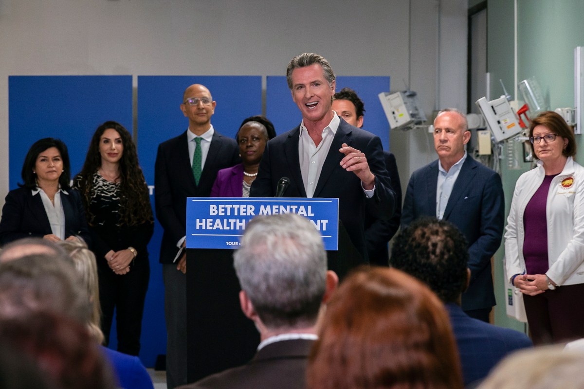 Gov. Gavin Newsom announces a proposed a 2024 ballot initiative to improve mental health services across the state, at Alvarado Hospital in San Diego on March 19, 2023. Photo by Adriana Heldiz, The San Diego Union-Tribune via AP, Pool