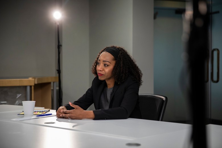 Malia Cohen, candidate for state controller, gives an interview at CalMatters in Sacramento in April. Photo by Martin do Nascimento, CalMatters