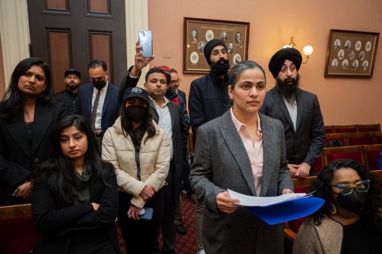 Califiornia state Sen. Aisha Wahab, foreground, at a news conference where she proposed SB 403, a bill which adds caste as a protected category in the state’s anti-discrimination laws, in Sacramento on March 22, 2023. Photo by José Luis Villegas, AP Photo