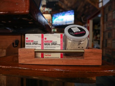 Narcan and fentanyl test strips at The Legionnaire bar in Oakland on March 3, 2022. Photo by Nathan Frandino, AP Photo