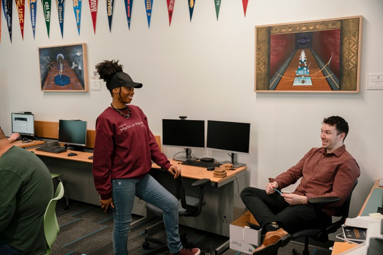 Barbie Schmitt chats with interim MESA project lead Samuel Morrison in the MESA center at American River College on April 25, 2024