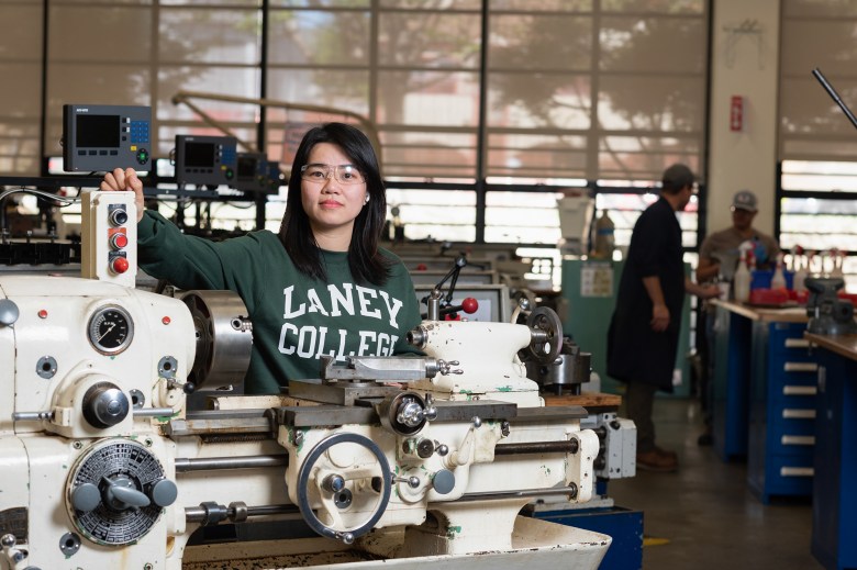 Vy Le in the machine technology lab of Laney College in Oakland on May 20, 2024. Photo by Laure Andrillon for CalMatters