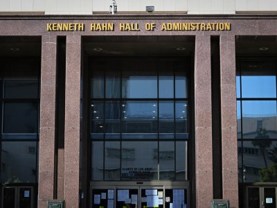 The exterior of the Kenneth Hahn Hall of Administration in downtown Los Angeles.