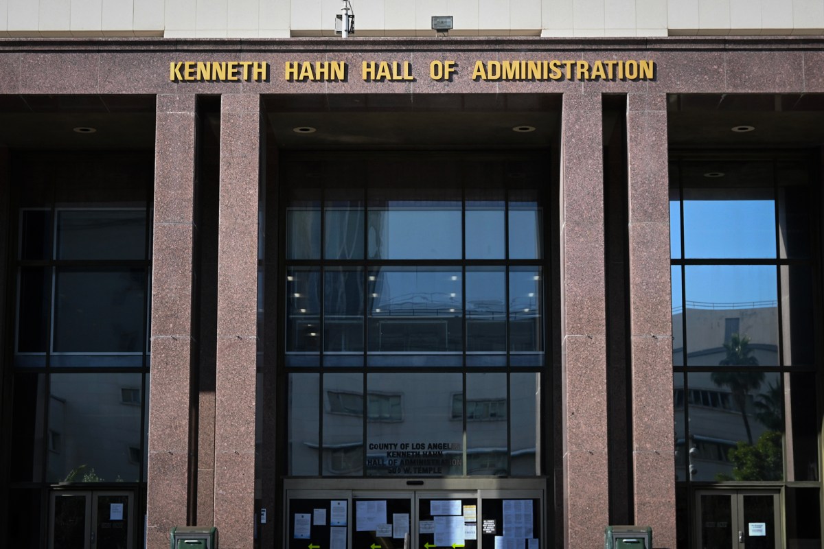 The exterior of the Kenneth Hahn Hall of Administration in downtown Los Angeles.