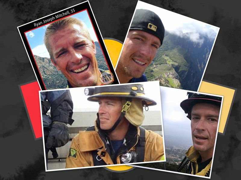 Ryan Mitchell fought fires for Cal Fire for 12 years, rising to the rank of captain, before shocking everyone by jumping off a bridge in a remote part of San Diego County. Illustration by Miguel Gutierrez Jr., CalMatters; iStock