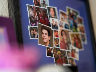 A collage of various candid photos arranged in a heart shape, displayed in a frame. The images feature people of different ages smiling, posing, and interacting, with one prominent portrait in the center. The background is a soft blur, focusing on the collage.