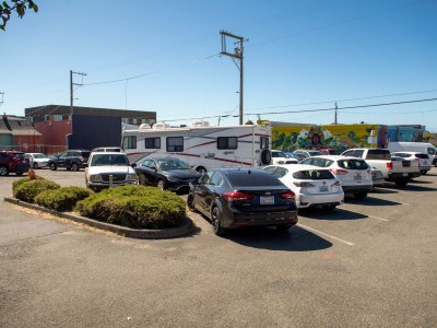 A mostly full parking lot at the corner of 5th and D Streets in Eureka on June 17, 2024. The lot is one proposed site for housing for the Wiyot Tribe. Photo by Mark McKenna for CalMatters