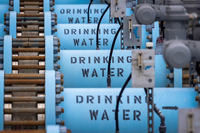 Pipes containing drinking water at the Poseidon Water desalination plant in Carlsbad on June 22, 2021. Photo by Mike Blake, Reuters