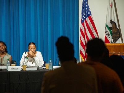 Members of the Reparations Task Force listen to testimony during a hearing at the March Fong Eu Secretary of State offices in Sacramento on June 29, 2023. Photo by Semantha Norris, CalMatters