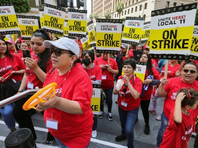 People protest in front of InterContinental Hotel as unionized hotel workers in Los Angeles and Orange County go on strike, in Los Angeles on July 2, 2023. Photo by David Swanson, REUTERS