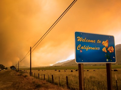 A blue road sign, with yellow lettering reads, "Welcome to California." Three orange poppies are also visible on the sign. A wildfire burns behind some hills in the background. Orange wildfire smoke fills the air.