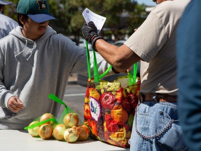 Volunteer Kim Palma passes out fresh produce at the Solano County Mobile Food Pharmacy in Fairfield on Aug. 1, 2023. Photo by Semantha Norris, CalMatters