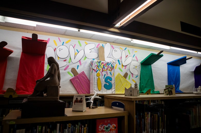 An art display in the children's section in the Fresno County Library Clovis Branch on July 31, 2024. Photo by Larry Valenzuela, CalMatters/CatchLight Local