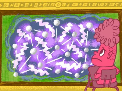 Illustration of a chalkboard obscured by a purple cloud of abstract shapes, including a network of circles; a student is in the foreground looking confused