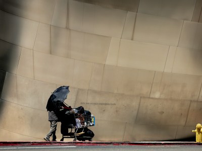 A person pushes a shopping cart while holding an umbrella, casting a shadow against a sleek metallic wall that forms a curved, architectural backdrop. The scene includes a yellow fire hydrant on the right, adding a pop of color to the otherwise muted setting.