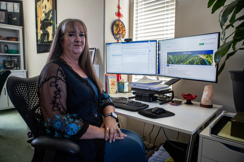 A person sits at a desk with two large computer monitors displaying a work screen, possibly related to online learning or research. They are wearing a dark top with floral embroidery, smiling while facing the camera. The room features various decorative elements like a bookshelf in the background, a panda painting, and a potted plant on the desk. A stack of papers and books is organized on the desk, conveying a focused and organized workspace.