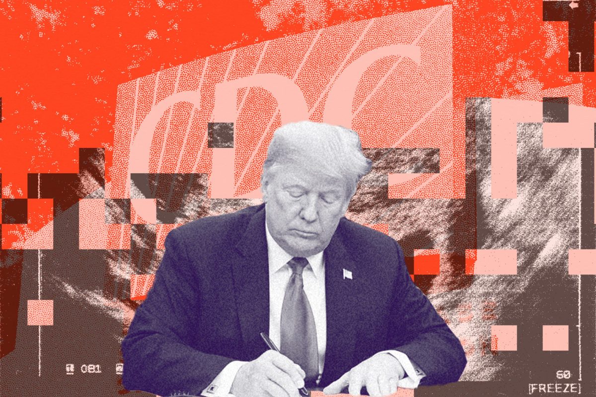 Photo collage of Donald Trump looking down and signing a document; the background shows a pixelated ultrasound placed in front of a duotone image of the CDC building