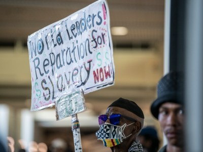 Los Angeles resident Walter Forster attends a California Reparations Task Force meeting held at the California Science Center in Los Angeles on Sept. 23, 2022. Photo by Pablo Unzueta for CalMatters