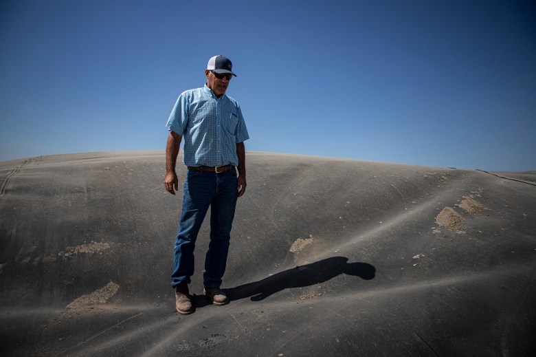 Dairy owner Jared Fernandes stands on the digester on his farm the Legacy Ranches near Pixley on Sept. 29, 2023. Several farms house digesters systems that feeds methane gas to the CalGren facility to produce renewable natural gas. Photo by Larry Valenzuela, CalMatters/CatchLight Local