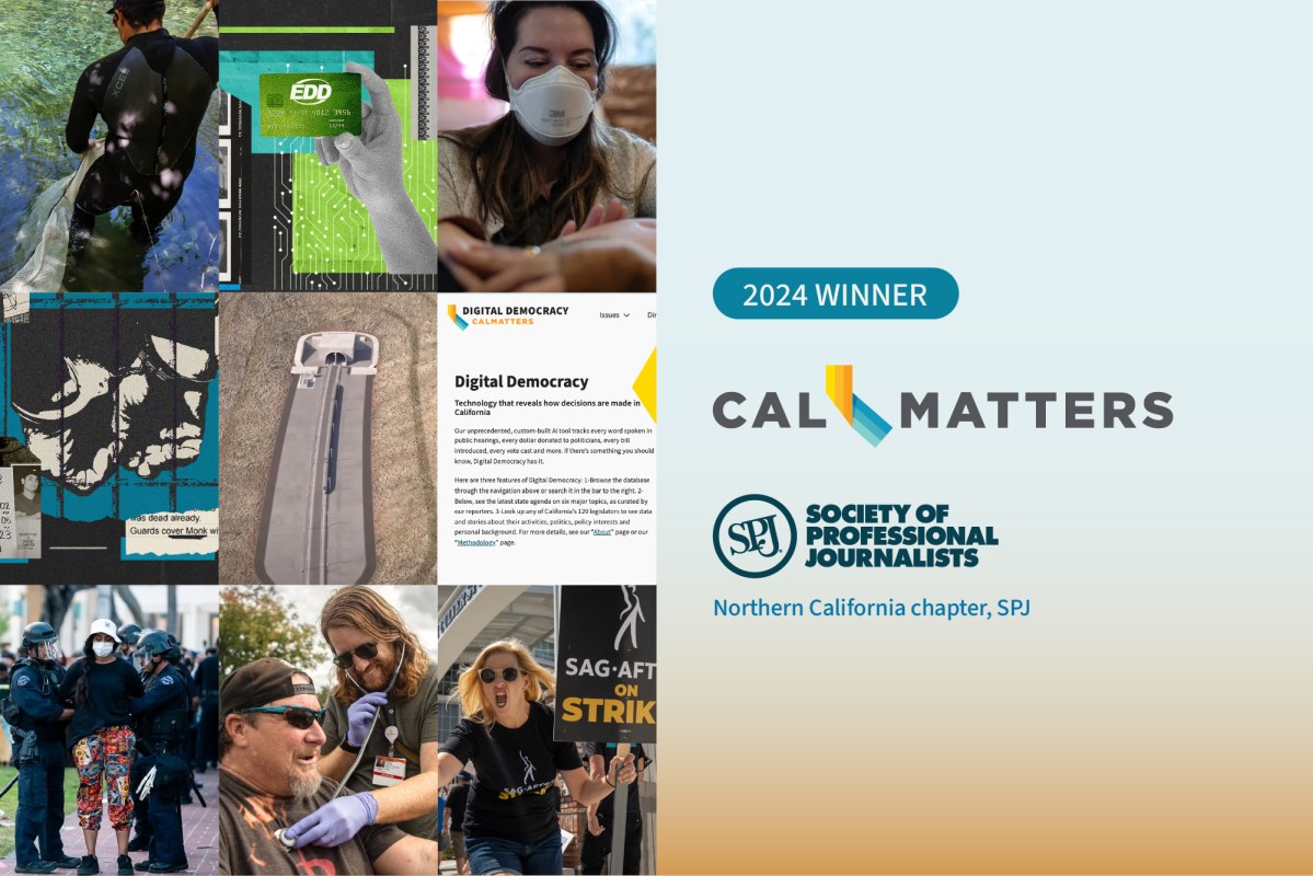 Graphic showing images from the 9 CalMatters stories and projects that won Society of Professional Journalist NorCal awards for 2024