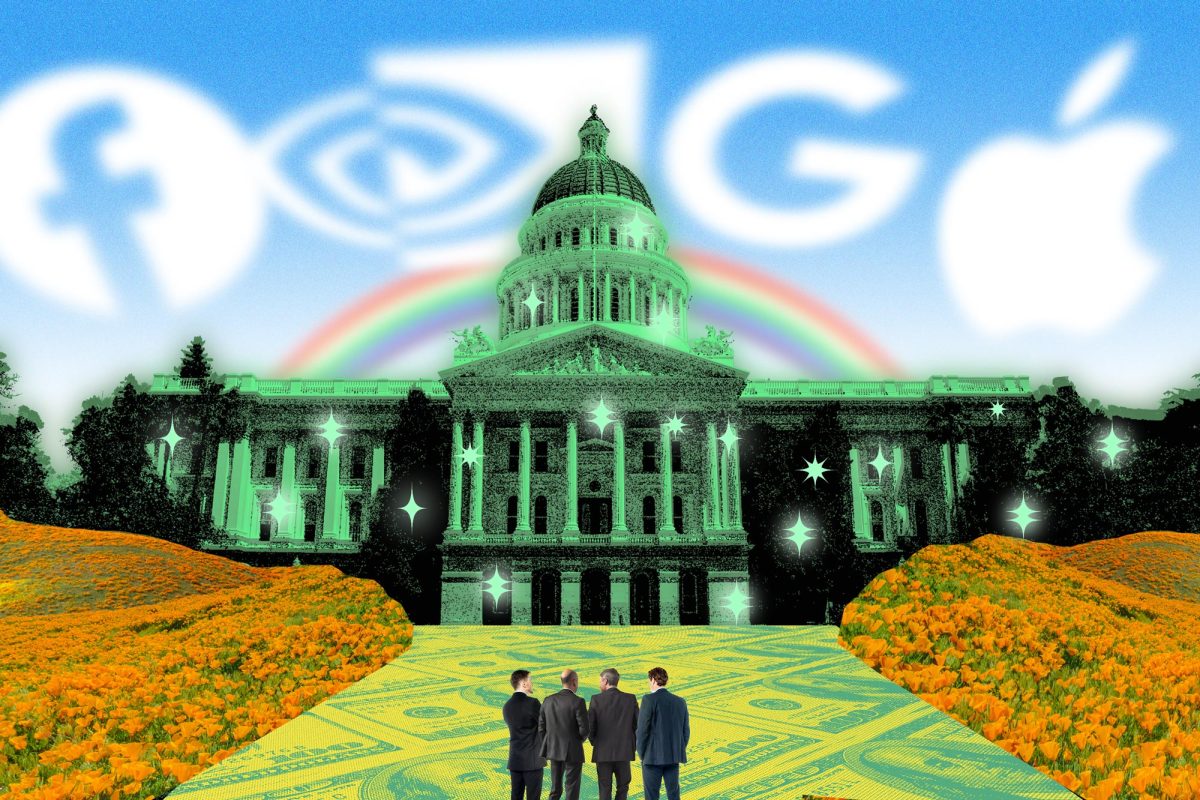 Photo illustration of four men in suits standing in front of a sparkling green California Capitol building, surrounded by a field of California poppies; the sky features clouds shaped like the logos of Facebook, Nvidia, Google, and Apple, along with a vibrant rainbow