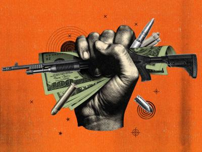 Photo illustration of a raised fist holding up crumpled up one-hundred dollar bills, a rifle and bullets