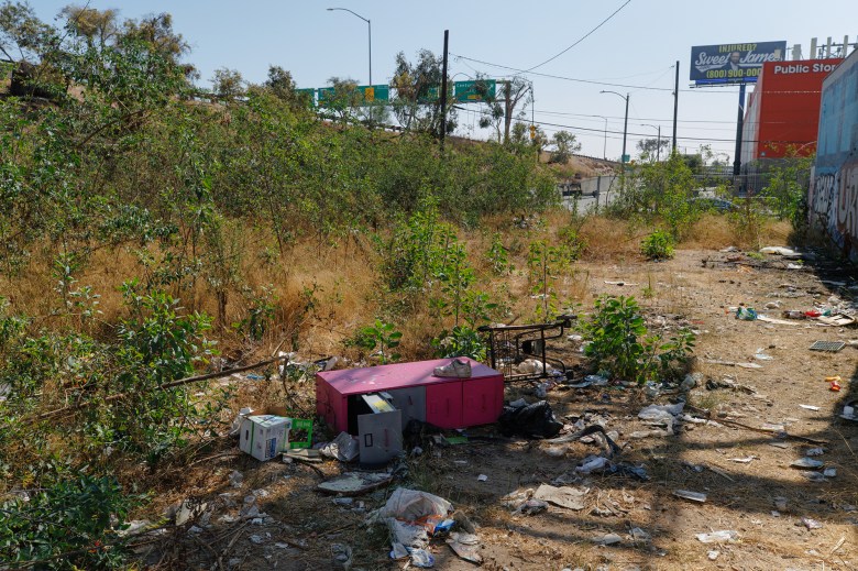 Various items, including a pink file cabinet, a shoe and a shopping cart, lay on the floor of a small plot of land near a freeway.