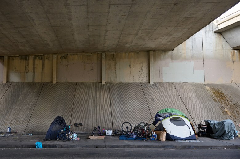 A wide-view of tents lined up along a sidewalk underneath a highway in Sacramento.