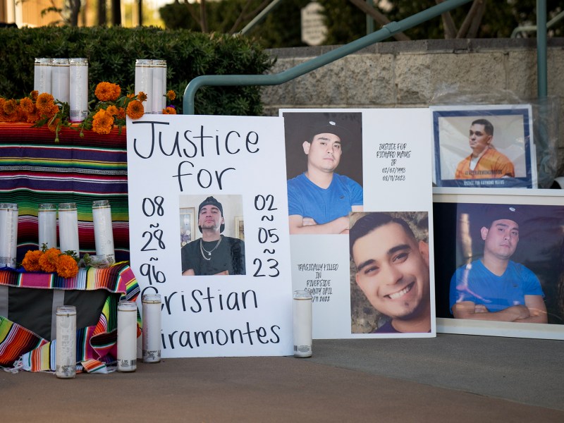 A Dia de Los Muertos altar outside the John F. Tavaglione Executive Annex in Riverside county in honor of those killed in the custody of Riverside Sheriff's Department deputies, on Oct. 31, 2023. Photo by Jules Hotz for CalMatters