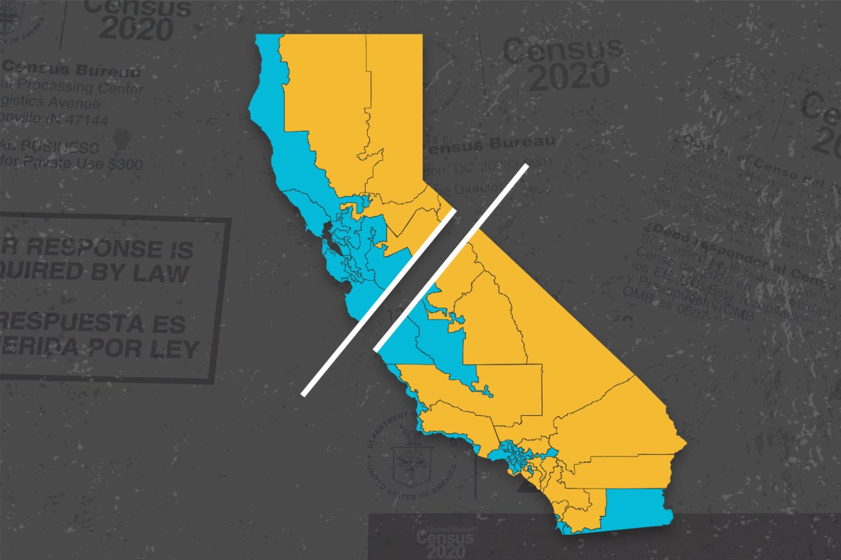 A redistricting illustration of California. Illustration by Miguel Gutierrez Jr., CalMatters; iStock