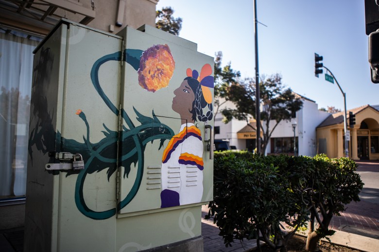 A mural depicting a Mexican woman wearing traditional clothing next to a giant marigold flower is painted on a power box.