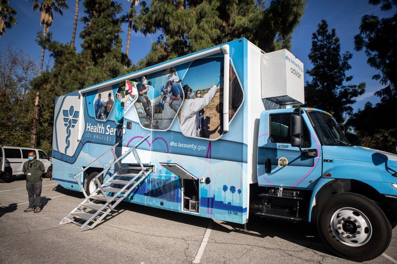 The Los Angeles County Department of Health Services mobile clinic parked in Whittier Narrows Park to see unhoused patients on Nov. 17, 2022.Photo by Larry Valenzuela for CalMatters