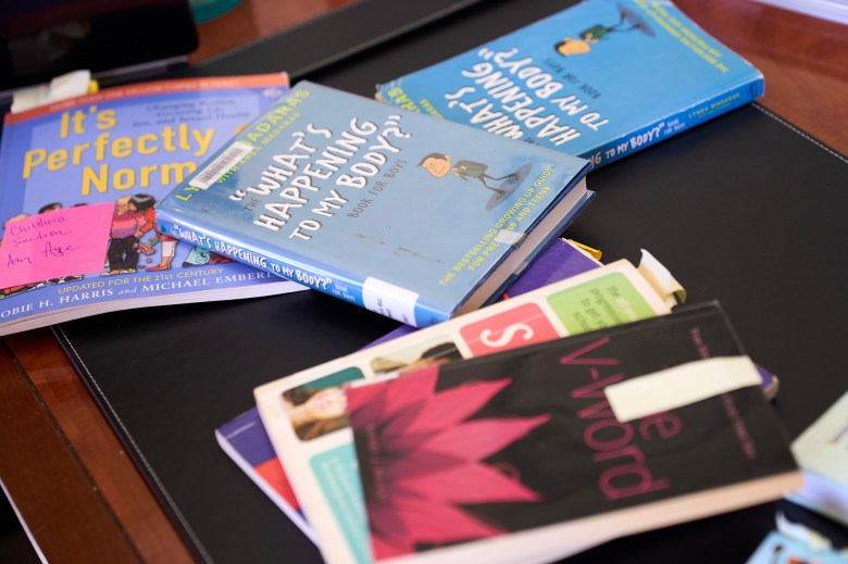 Gracey Van Der Mark, Mayor Pro Tem, with books she believes should be banned from children’s sections of the library in Huntington Beach Nov. 11, 2023. Photo by Lauren Justice for CalMatters