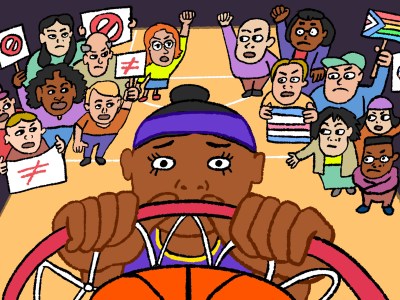 Illustration of a young female basketball player hanging on a basketball hoop, surrounded by two crowds of people protesting; the left crowd is holding signs that have red unequal symbols and circles with a slash through it; the right crowd is holding signs with the trans and pride flags