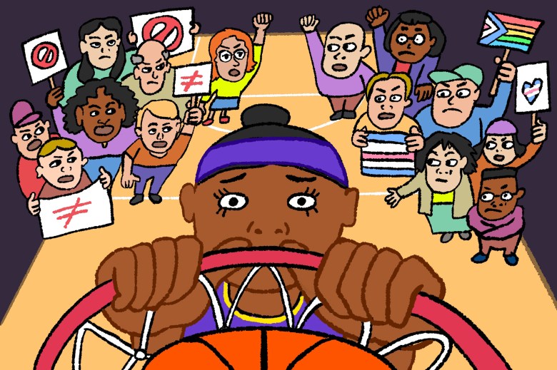 Illustration of a young female basketball player hanging on a basketball hoop, surrounded by two crowds of people protesting; the left crowd is holding signs that have red unequal symbols and circles with a slash through it; the right crowd is holding signs with the trans and pride flags