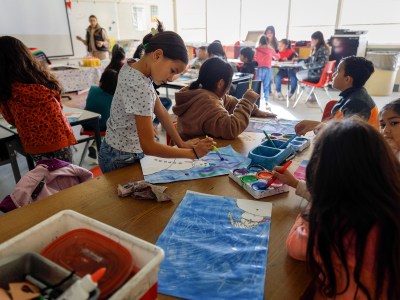 Third grade students participate in an art class at San Pasqual Valley Unified School District at Winterhaven in Imperial County on Dec. 12, 2023. Photo by Kristian Carreon for CalMatters