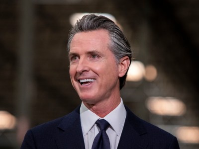 California Governor Gavin Newsom is photographed at a press conference in Fontana on February 17, 2022. Photo by Alisha Jucevic for CalMatters