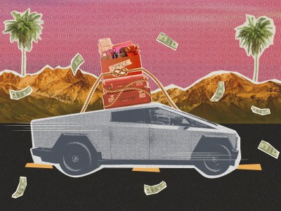 A photo collage illustration of southern California background of a pink sunset, palm trees and warm-colored mountains as a Tesla cybertruck drives away with luggage and a box of office supplies strapped to the roof as 100 dollar bills float around.