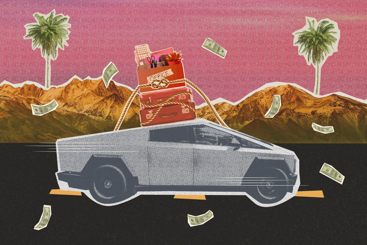 A photo collage illustration of southern California background of a pink sunset, palm trees and warm-colored mountains as a Tesla cybertruck drives away with luggage and a box of office supplies strapped to the roof as 100 dollar bills float around.