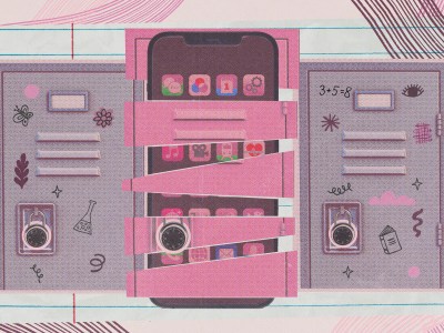 A photo collage illustration with various pink colors and textures of a cellphone cut up in pieces in between a cut-up pink locker with two gray lockers on each side.