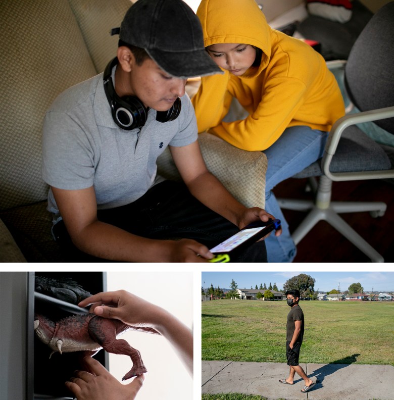 Eduardo plays video games with his niece, Emily. Eduardo takes a walk through a park near his home where he sometimes plays Pokemon Go. Eduardo puts away a toy dinosaur from his collection. Photos by Anne Wernikoff, CalMatters